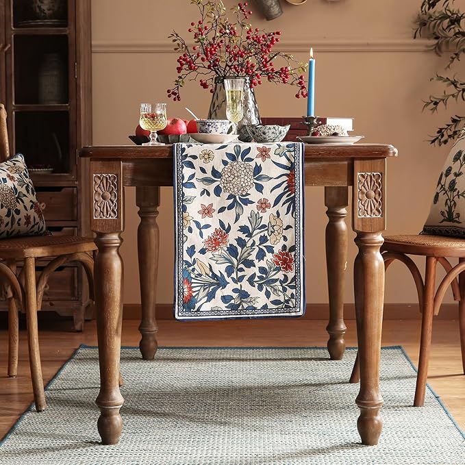 patdrea Designer Blue Cottage Rustic Floral Patterned Linen Table Runner 102 - Image 2