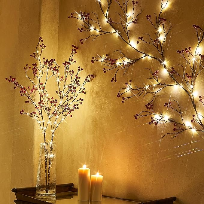 Fudios Lighted Red Berry Branches 80 LED Fairy Lights - Image 5