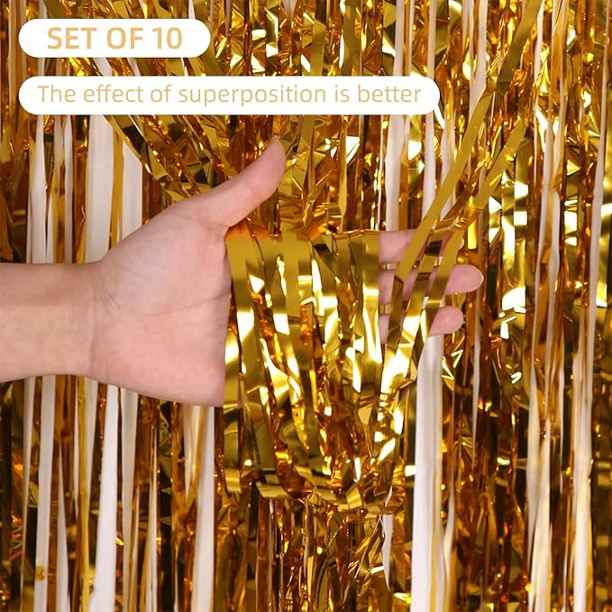 10 Pack Gold Foil Curtain Backdrop 3.2ft x 9.8ft Metallic Tinsel Foil Fringe - Image 2