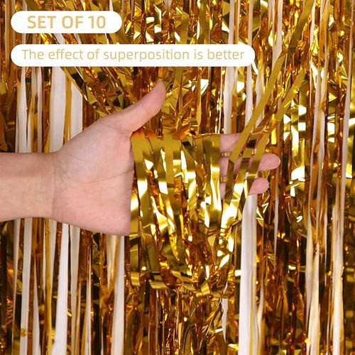 10 Pack Gold Backdrop Curtain 3.2ft x 8.2ft Metallic Tinsel Foil Fringe - Image 2