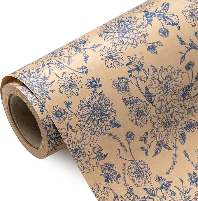 WRAPAHOLIC Kraft Blue Floral Wrapping Paper - Image 2