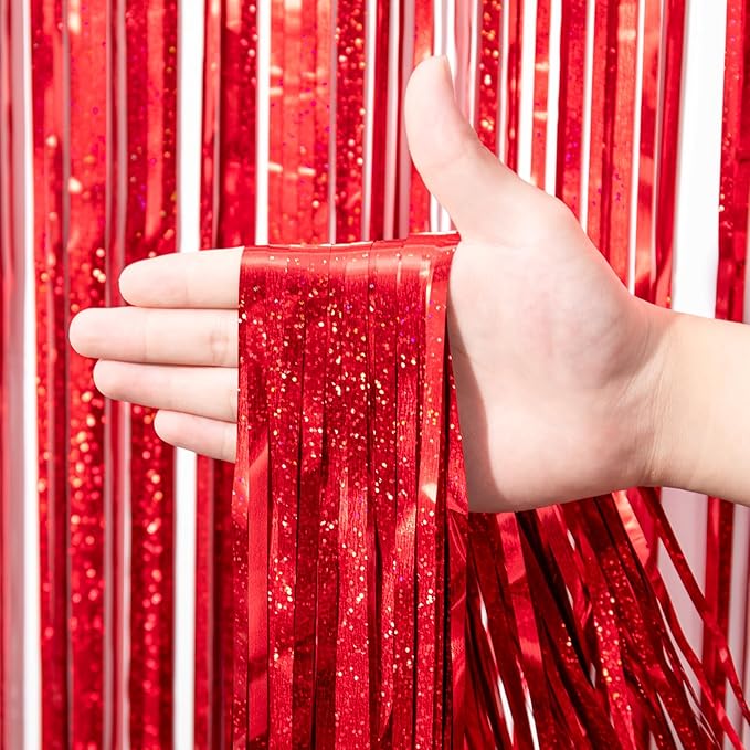 2 Pack Laser Red Foil Fringe Backdrop Curtains, Tinsel Streamers Birthday Party - Image 2
