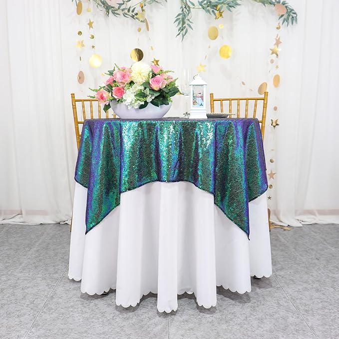 ShinyBeauty Iridescent Green Sequin Tablecloth 54x54” - Image 4