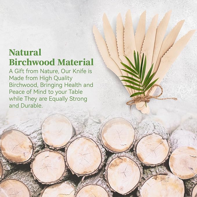 ECOLipak 300 Count Disposable Wooden Knives, Wooden Compostable Disposable - Image 3