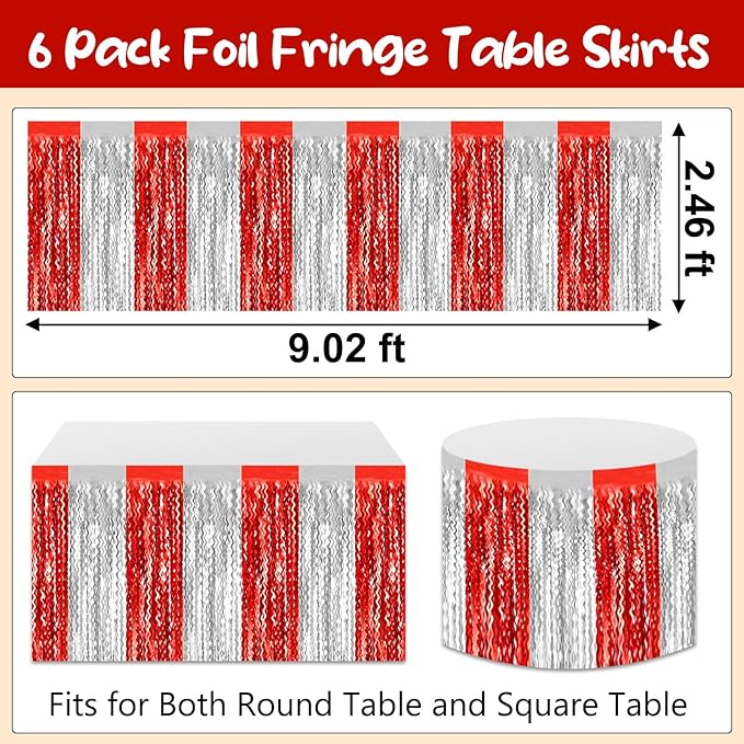 6 Pack 29 x108 Inch Red Silver Wave Foil Fringe Table Skirts Metallic Banner - Image 2