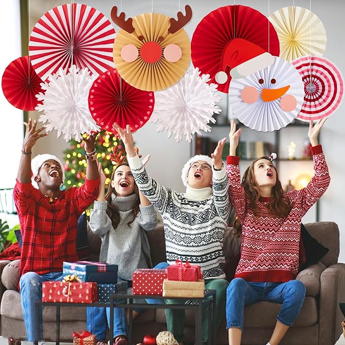 Christmas Hanging Paper Fans Decoration Red White Xmas Snowman Party Ceiling - Image 4