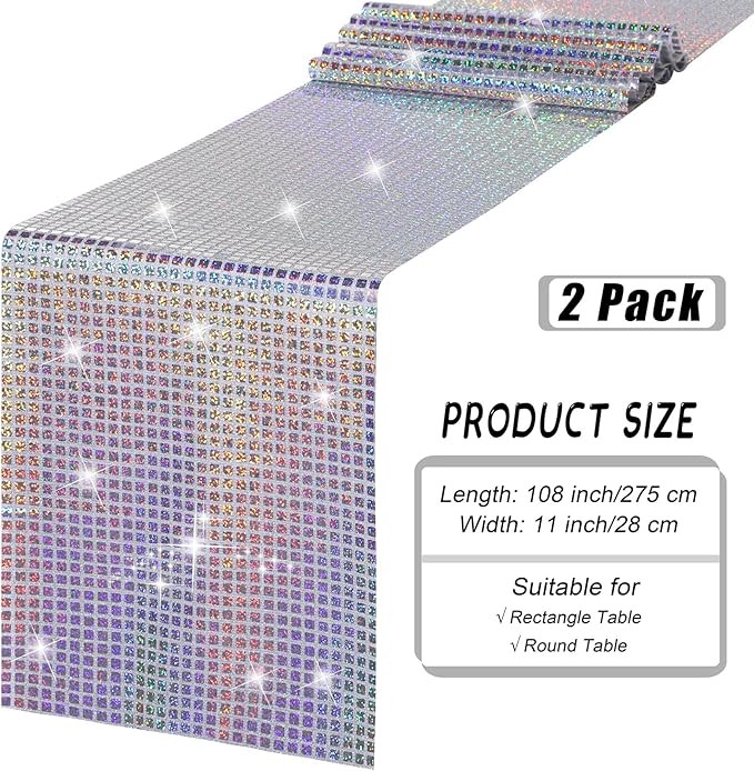 Durony 2 Pack Disco Table Runner 11 x 108 Inch Mirror Silver Laser Glitter Foil - Image 2