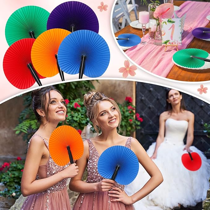 Handepo 200 Pieces Wedding Fans Folding Paper Fans Paper Fans Round Shaped - Image 4