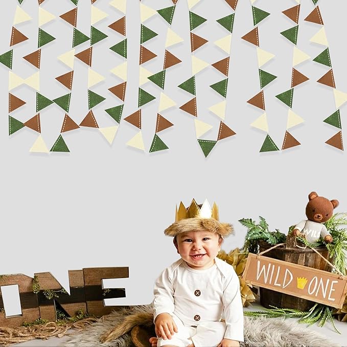 Jungle Party Decoration Sage Green Brown Beige Felt Hanging Triangle Mini - Image 7