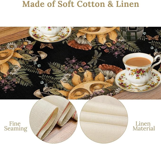 Sun Moon Table Runner, Bohomian Mushroom Daisy Table Gothic Dragonly Butterfly - Image 5
