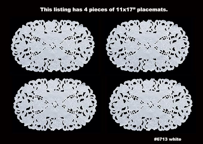 Creative Linens 4PCS Embroidered Floral Placemats 11x17 Oval White - Image 2