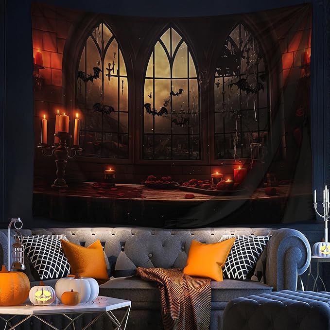 QGHOT Halloween Tapestry Wall Hanging Horror Castle Window Tapestry Gothic - Image 3