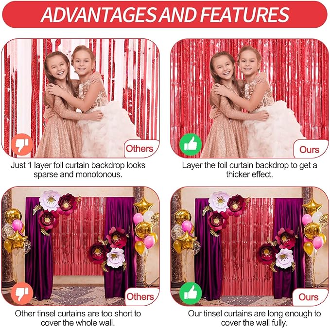 Crosize 2 Pack 3.3 x 9.9 ft Red Foil Fringe Curtains Party Decorations - Image 3