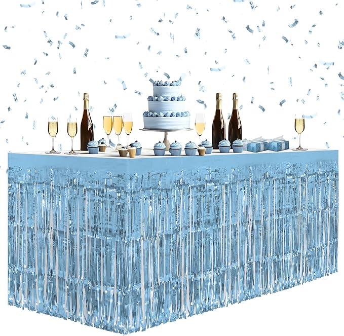 1 Pack Light Blue Table Skirts, 29x108" Metallic Foil Tinsel Fringe Table Skirts by Unknown