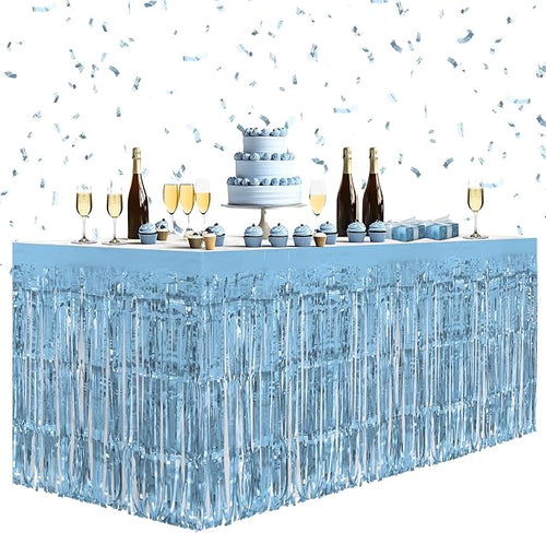 1 Pack Light Blue Table Skirts, 29x108" Metallic Foil Tinsel Fringe Table Skirts by Unknown