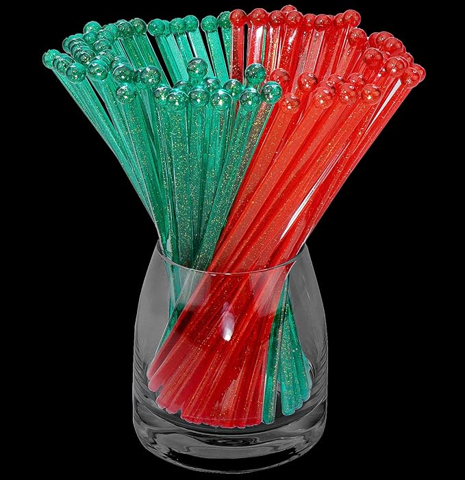 100-PCS Christmas Green and Red Glitter Plastic Swizzle Sticks, Crystal Cake by hapray
