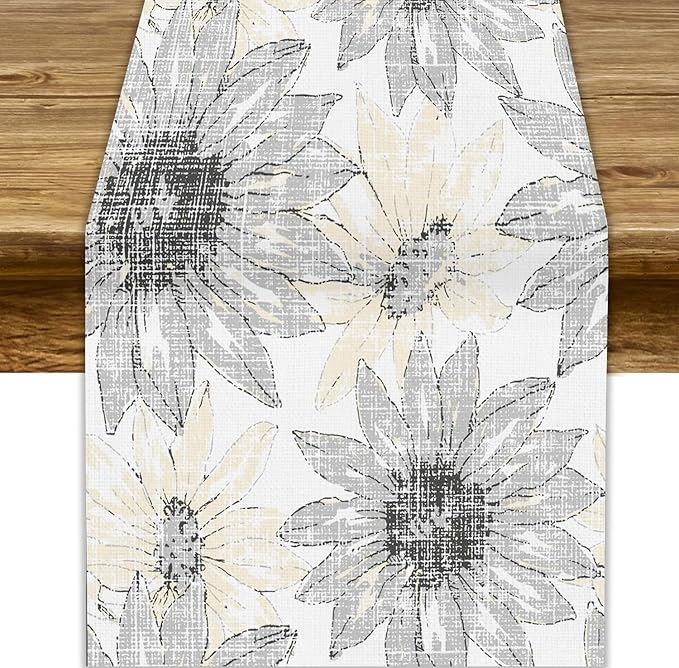 Chrysanthemum Vintage Floral Table Runner, Elegant Grunge Green Sunflower by ShiTingYu