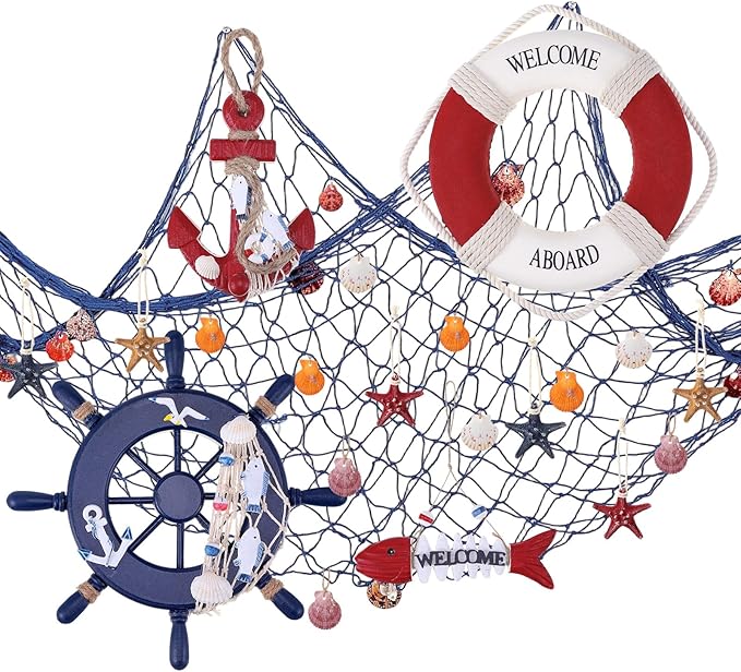 Marsui 11 Pcs Wooden Nautical Wall Decor Fishing Net Decoration, Include by Marsui