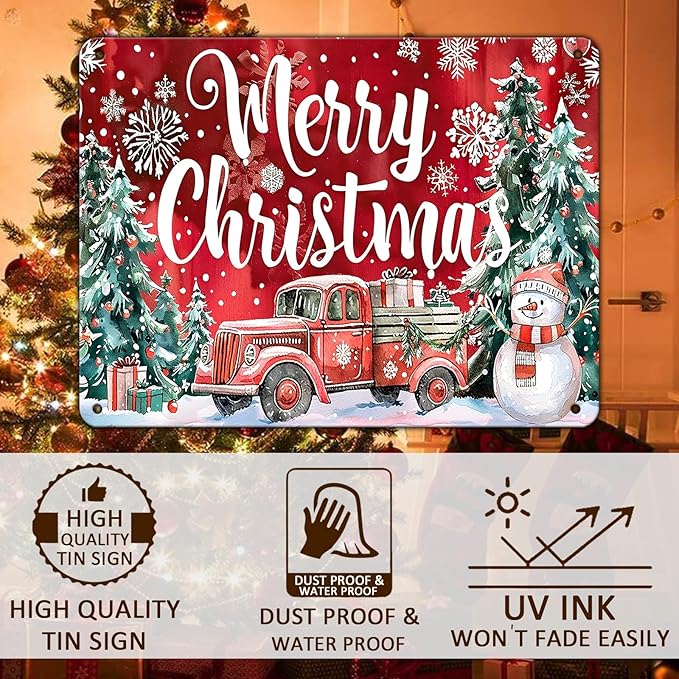 Christmas Truck Metal Tin Sign Merry Christmas Sign Funny Snowman Tin Sign - Image 4