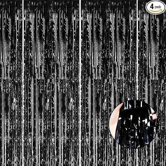4 Pack Black Foil Fringe Curtain Backdrop, 3.28Ft x 8.2Ft Metallic Tinsel by Unknown