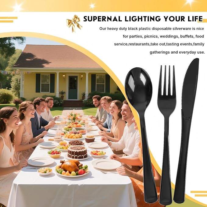 Supernal 300 Pieces Black Plastic Silverware Disposable Cutlery Black - Image 6