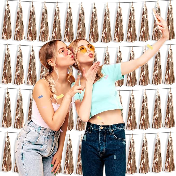 4P Champagne Gold Foil Fringe Tassel Banner Garland Metallic Tinsel Streamers - Image 4