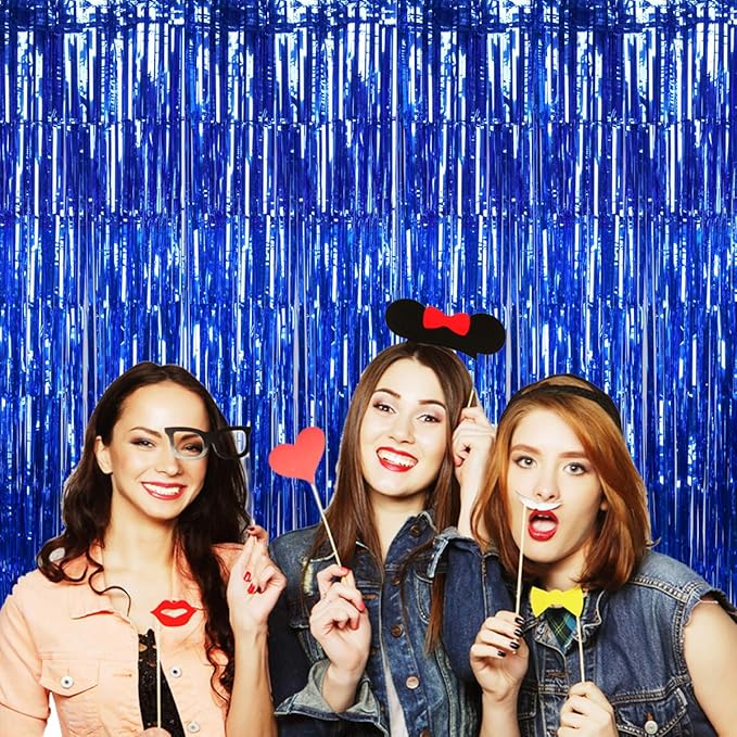 BTSD-home Blue Foil Fringe Curtain, Metallic Photo Booth Backdrop Tinsel Door - Image 7