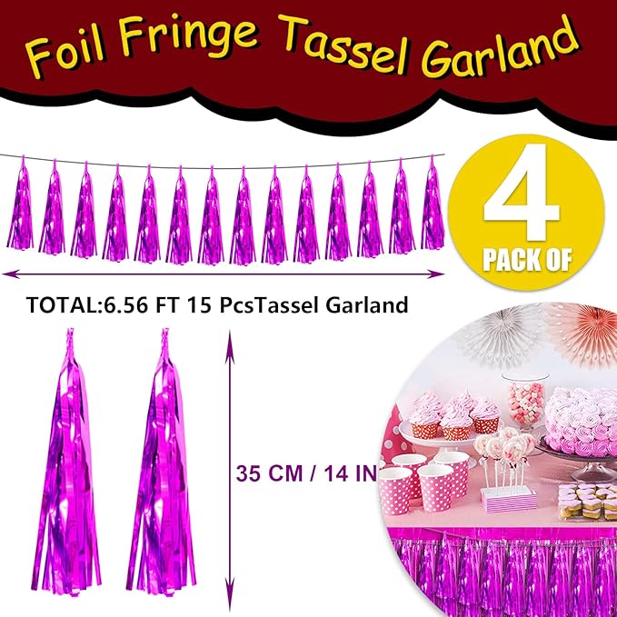 4P Hot Pink Foil Fringe Tassel Banner Garland Metallic Tinsel Streamers Wall - Image 2