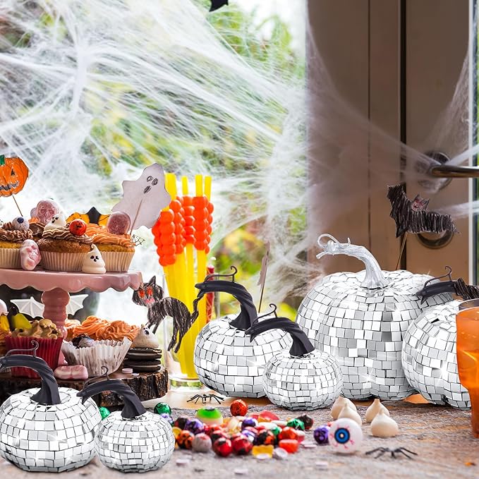 Lenwen 12 Pcs Artificial Disco Pumpkin Glitter Mirror Pumpkin - Image 6