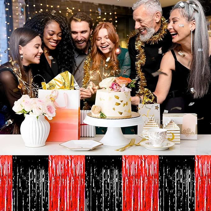 3 Pack 29 x108 Inch Black and Red Foil Fringe Table Skirts Metallic Banner - Image 6