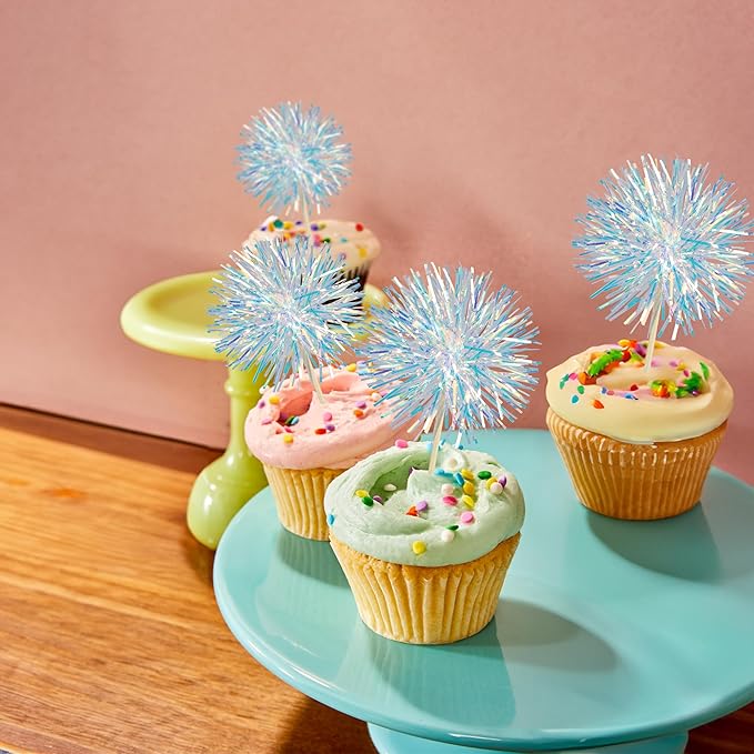 Ephlyn 30Pcs Foil Firework Cupcake Toppers Sparkle Tinsel Cupcake Picks Drink - Image 5