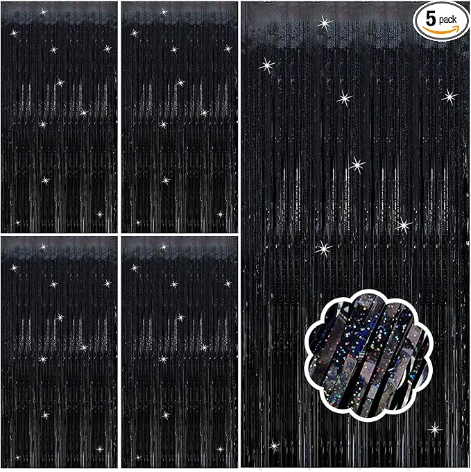 5 Pack Black Photo Backdrop Party Streamers Metallic Tinsel Curtains by Unknown