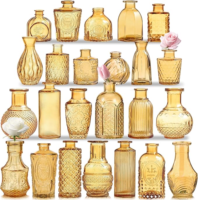 Amber Gold Glass Bud Vases Set of 24, Vintage Small Vases by Unknown