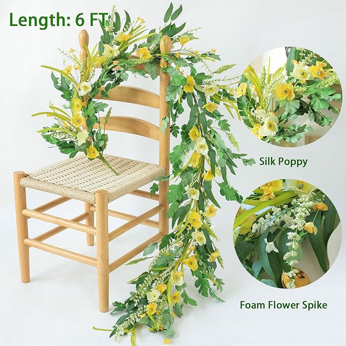 Mizii Yellow Artificial Flower Garland 6FT Fake Poppy Floral Garland Hanging - Image 2