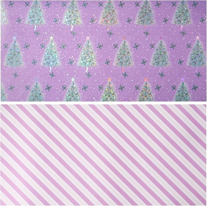 LeZakaa Christmas Purple Wrapping Paper Mini Roll, Christmas Tree Butterfly - Image 8
