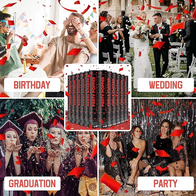 Party Poppers Confetti Cannon 12 Pack Red Poppers 12 Inch Party Shooters Mylar - Image 6
