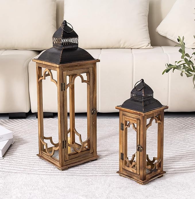 Large Farmhouse Decorative Wooden Lantern Set of 2, Rustic Brown Floor Lanterns - Image 6