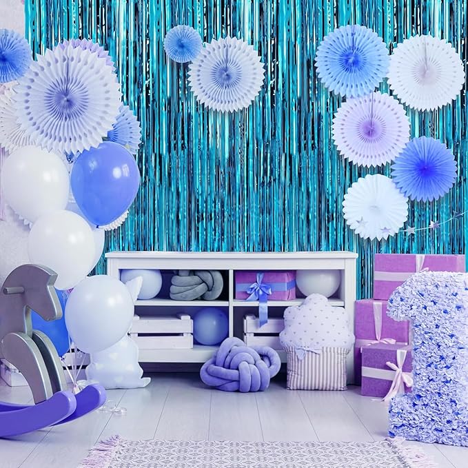 Crosize 8 Pack 3.3 x 9.9 ft Blue Foil Fringe Curtains Party Decorations - Image 2