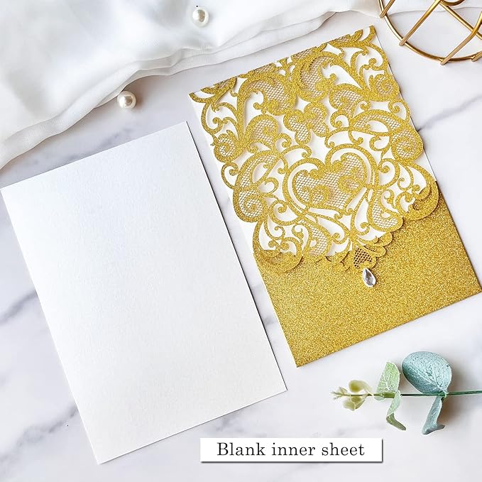 Hosmsua 50PCS Blank Wedding Invitation Cards 5 x 7.3 Inch Gold Laser Cut Hollow - Image 5
