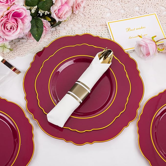 Liacere 350PCS Red Plastic Plates-Disposable Burgundy Red and Gold Plates - Image 7