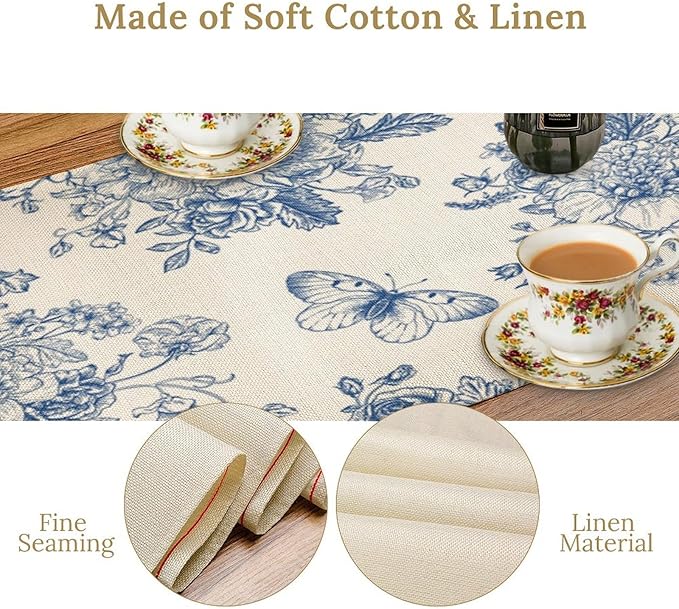 Monochrome Sketch Flowers Table Runner, Seasonal Spring Fall Plants Blue - Image 5