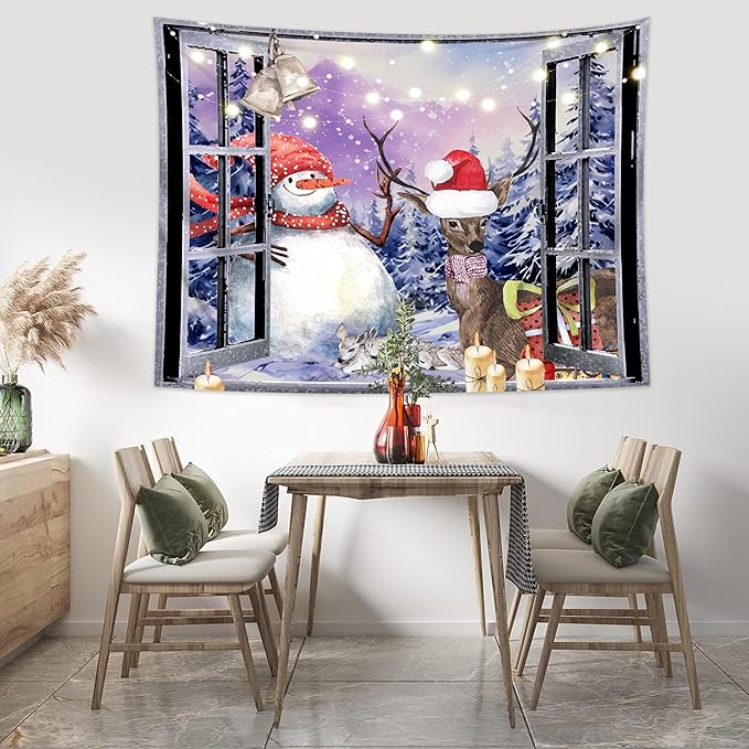 QGHOT Christmas Window Tapestry Wall Hanging Christmas Backdrop Winter Window - Image 4