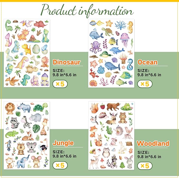 Cute Watercolor Safari Woodland Animals Dinosaur Fish Stickers 715 Count - Image 4