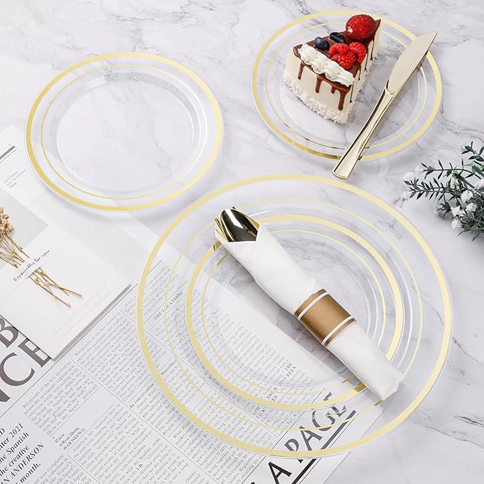 BESTVIP 350PCS Clear Gold Plastic Dinnerware Set - Image 3
