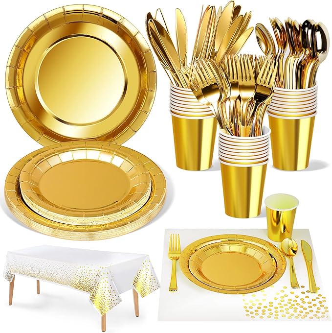 141 Pieces Gold Party Supplies, Party Dinnerware Sets Include Paper Plates by Nkaiso