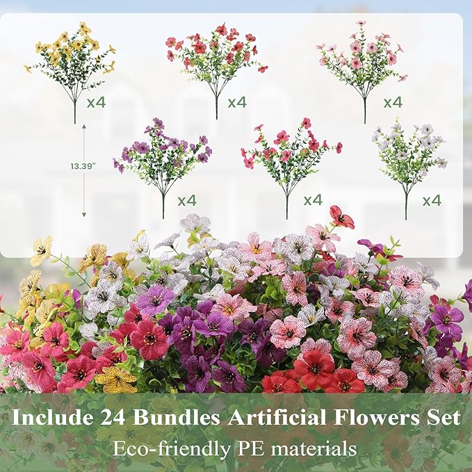 Artificial Flowers for Outdoors 24 Bundles, UV Resistant Colorful Fake Silk - Image 3