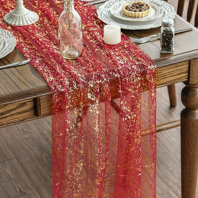 Artoid Mode 3PCS Red Gold Gauze Table Runner 120 Inch 10FT, Glitter Metallic by ArtoidMode