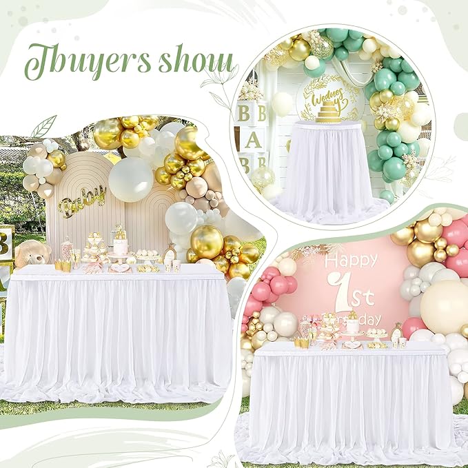 White Table Skirt for Rectangle Tables 14FT Chiffon Sheer Tablecloth for - Image 3