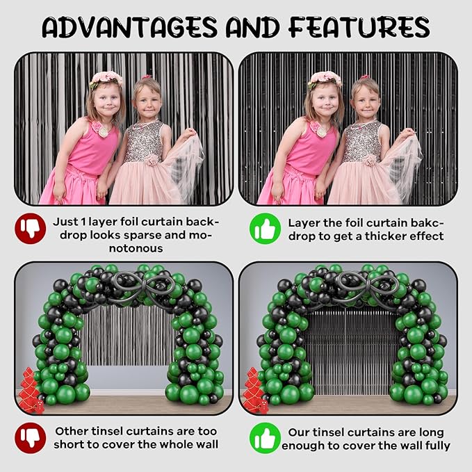 2 Pack Black Foil Fringe Backdrop Curtains, Tinsel Streamers Birthday Party - Image 5