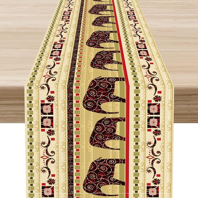 Boho Elephant Table Runner, Vintage Tribal Traditional Bohemian African Animals by Unknown